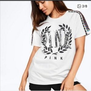 PINK Victoria's Secret White Tee with Sequin Accents Reverse to Rainbow